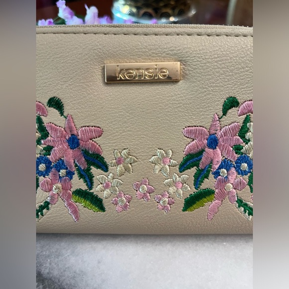 Kenzie Beige Zip-Around Floral Embroidered Wristlet Wallet, colorful flowers - Picture 4 of 9